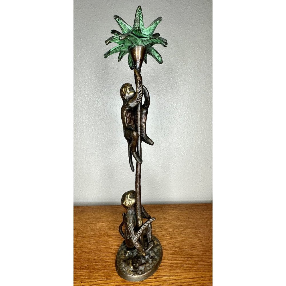 Vintage Bronze/Brass Monkeys climbing Palm Tree Candlestick Holder 15 Inches Tal